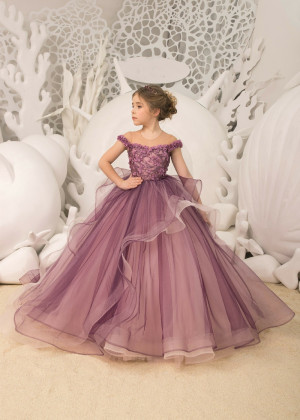 Beaded Purple Tulle Floor Length Horsehair Hem Flower Girl Dress